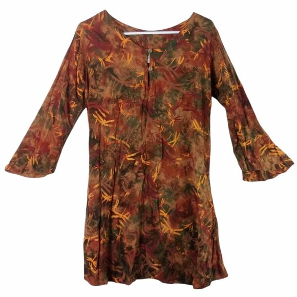 Boho Tunic Mini Dress Dragonfly Print Womens S Colorful Pockets Whimsical - Picture 1 of 9